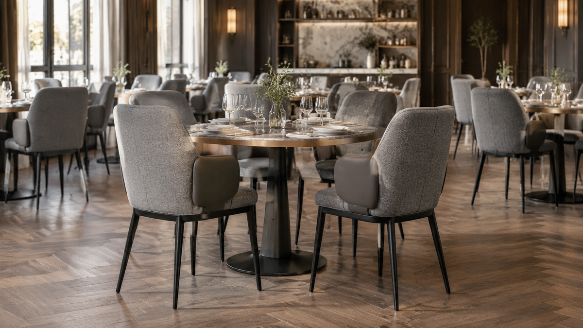 GEYA DC-3117 wrap-shell upholstered dining armchairs in a hotel restaurant