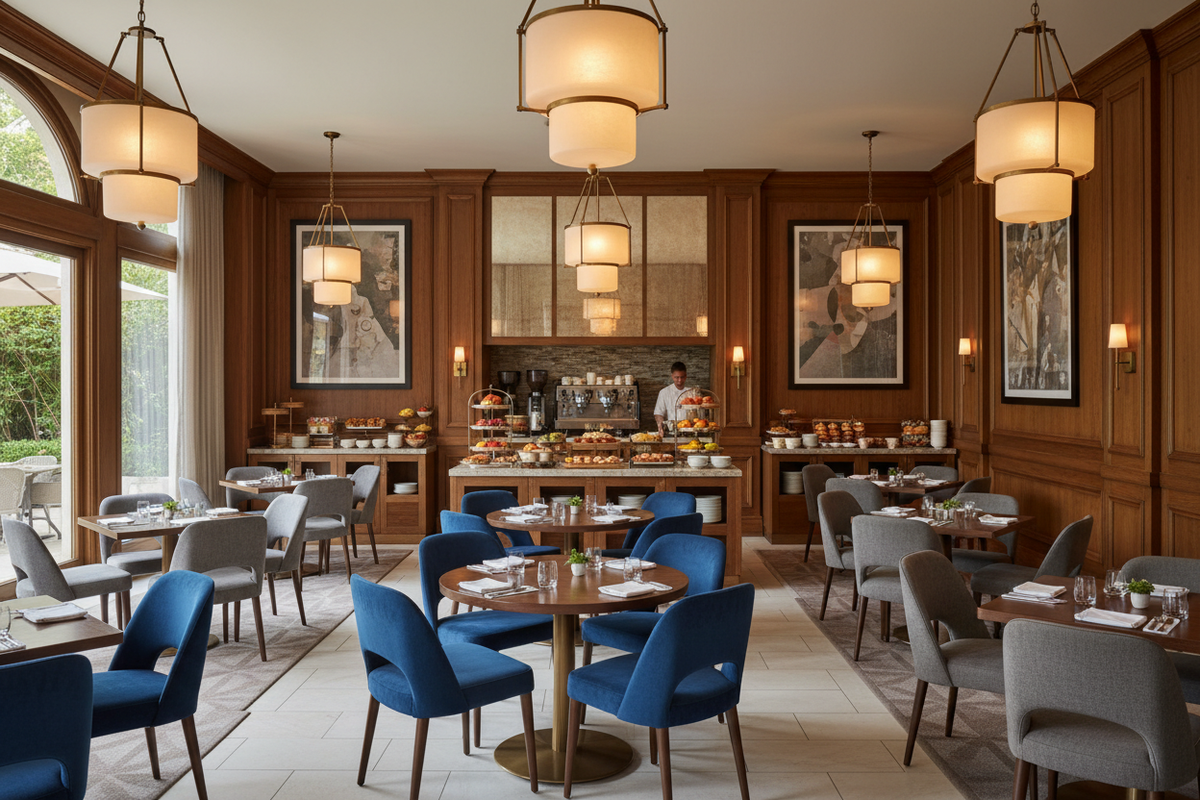 Upholstered hotel dining chairs in a refined hospitality breakfast and dining area