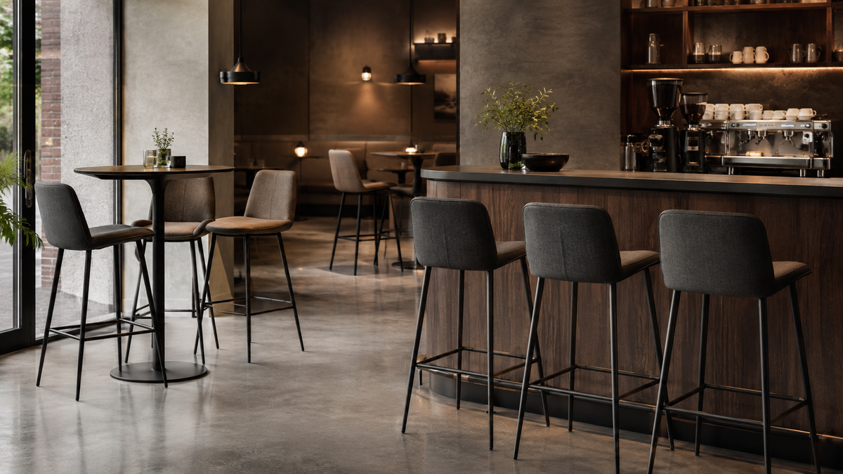Upholstered commercial stools arranged in a hotel lounge and hospitality bar area.