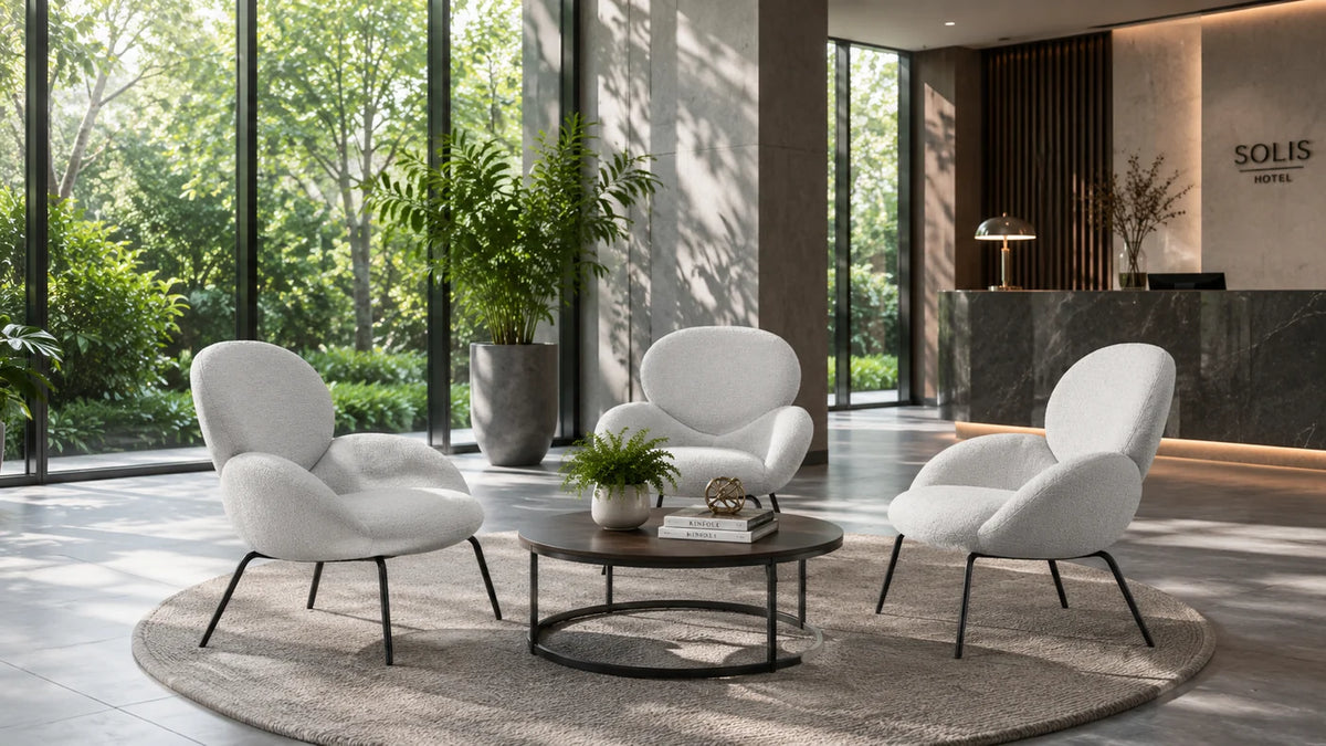 White upholstered lounge chairs for a contemporary hotel lobby