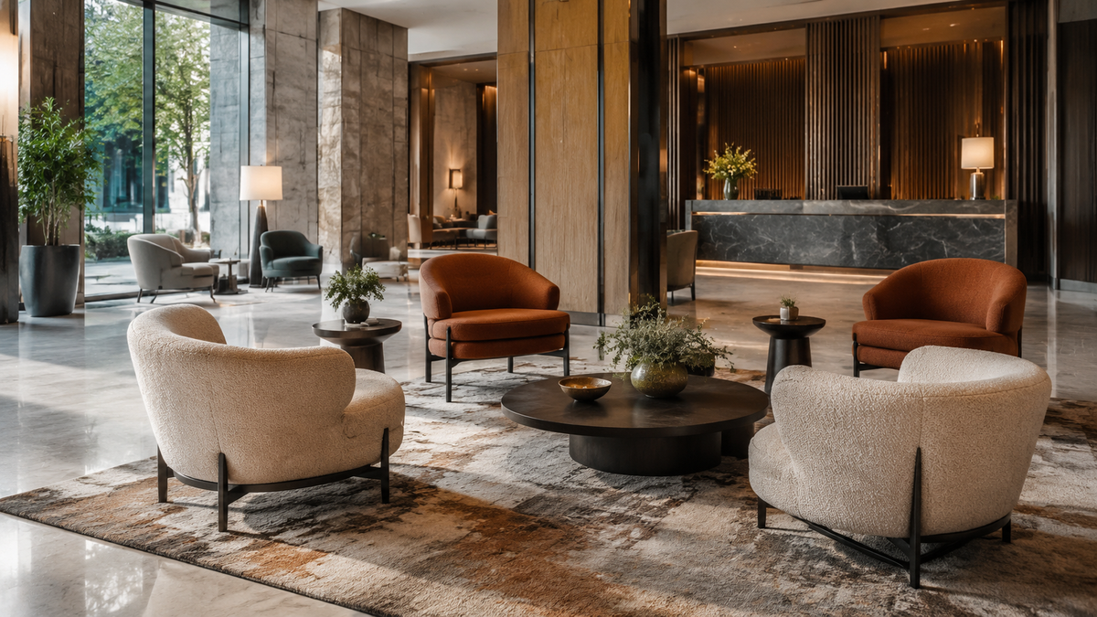 Upholstered lounge chairs arranged in a contemporary hotel lobby and reception seating area