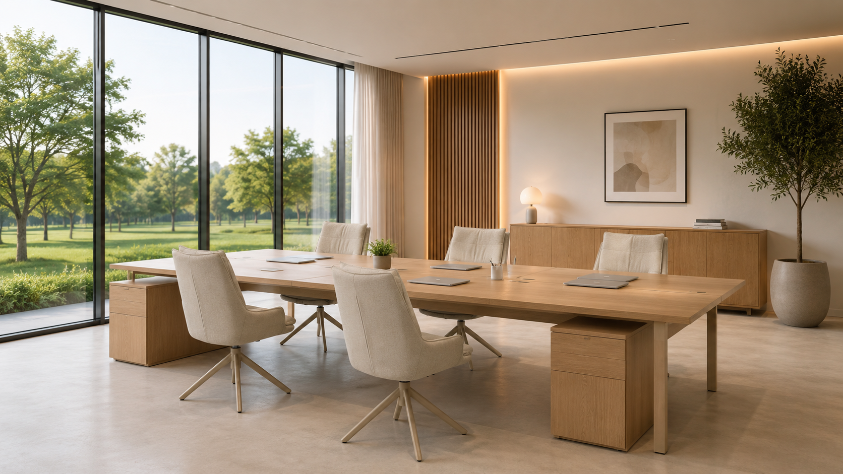 Swivel Metal Armchairs Office Lounge Scene — Swivel Steel Frame Armchairs, Floor-to-Ceiling Glass Window Setting — GEYA Seating