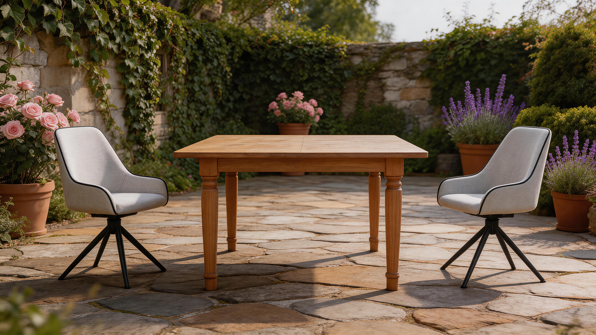 Light Gray Fabric High-Back Swivel Dining Chair in French Romantic Courtyard with [