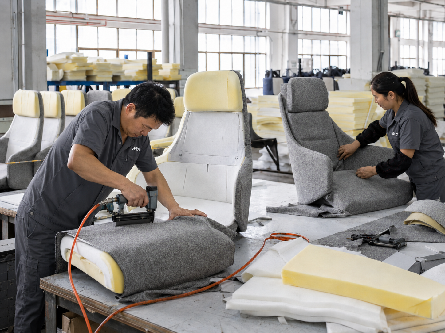 GEYA workers assembling foam and upholstery for high-back light office chairs in the factory