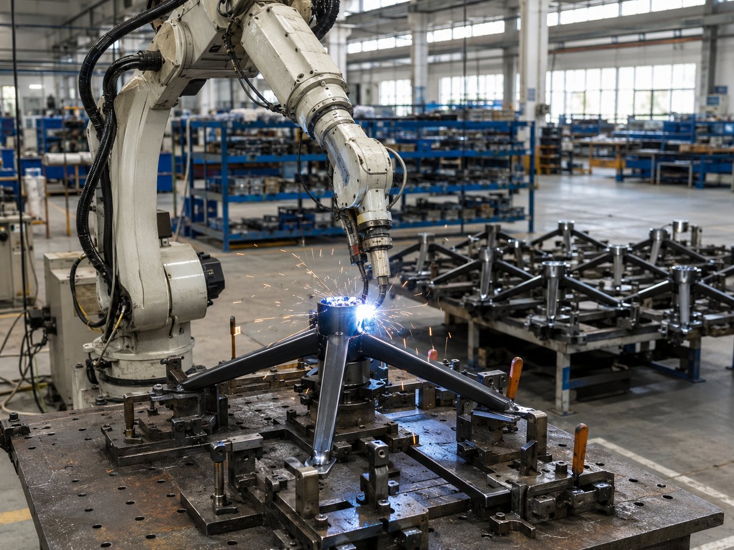 Robotic welding of four-leg metal bases for light office chairs at the GEYA Seating factory
