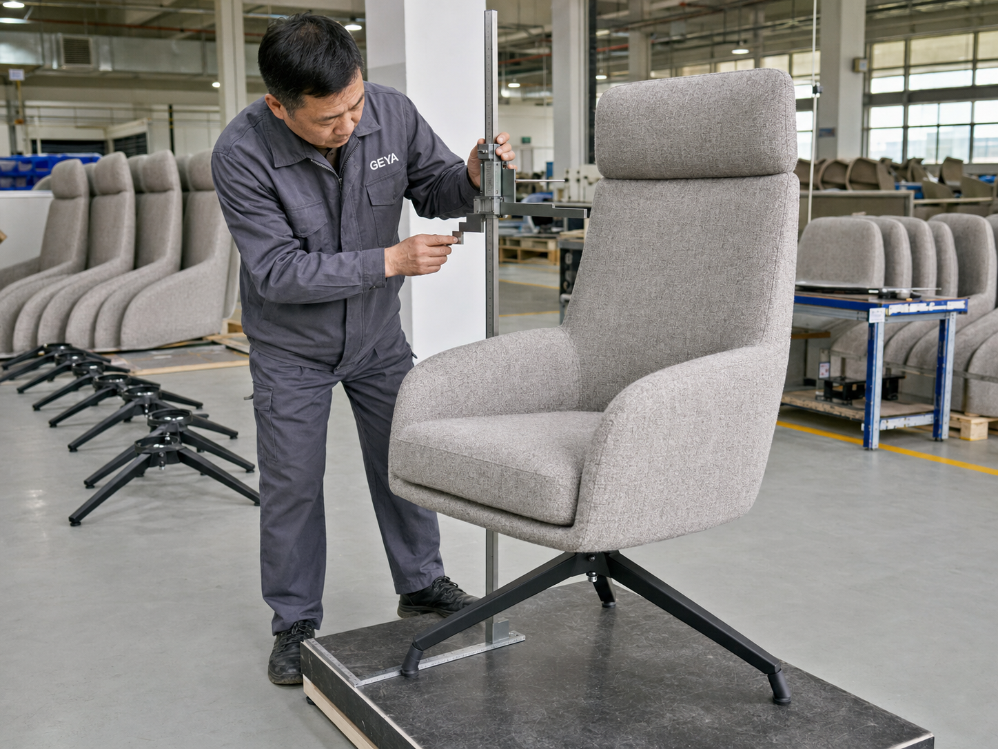 Swivel stability and dimensional inspection of a high-back light office chair at GEYA Seating