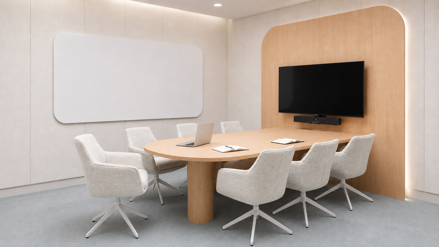 DC-5050 swivel armchairs in a light office meeting room with an integrated wood table, display wall, whiteboard, and soft neutral interior