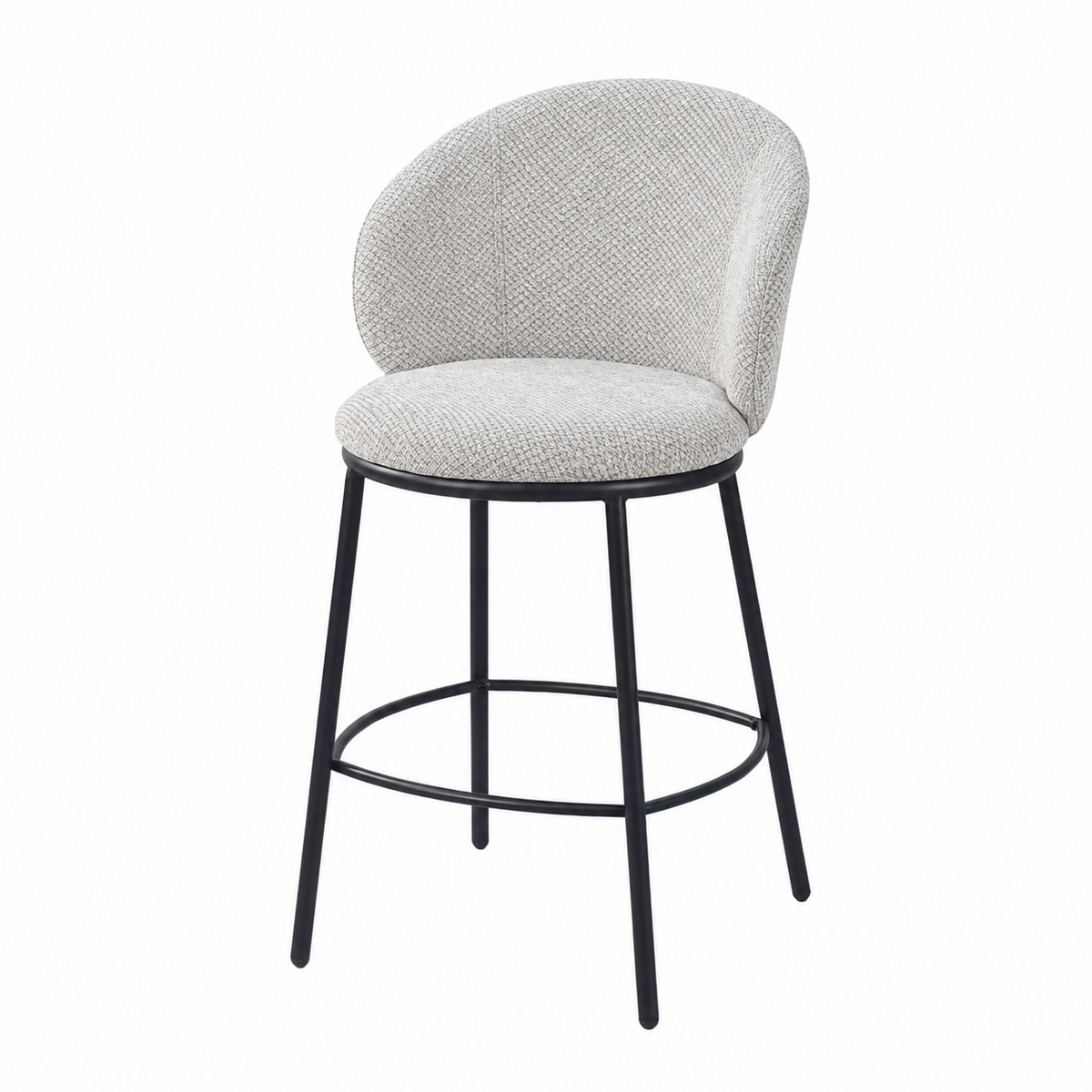 Linen-look bar stool in light greige highlighting the fine-woven upholstery and black tubular steel legs, BC-137-750