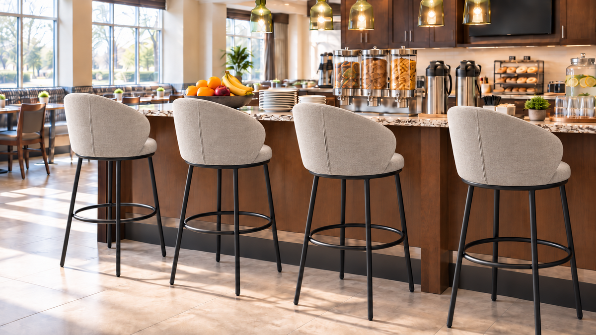 Linen-look bar stools in light greige arranged at a hotel breakfast buffet counter with stone top, BC-137-750