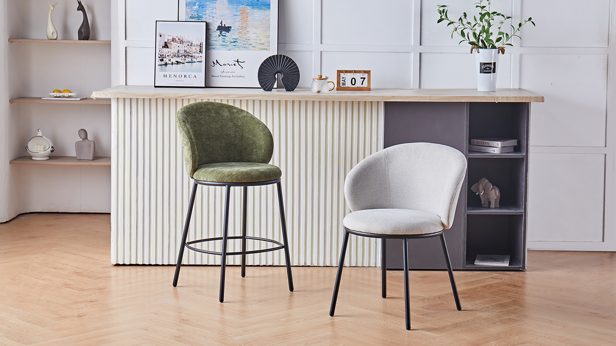 Linen-look bar stool in olive green beside a light upholstered dining chair at a fluted counter, BC-137-750