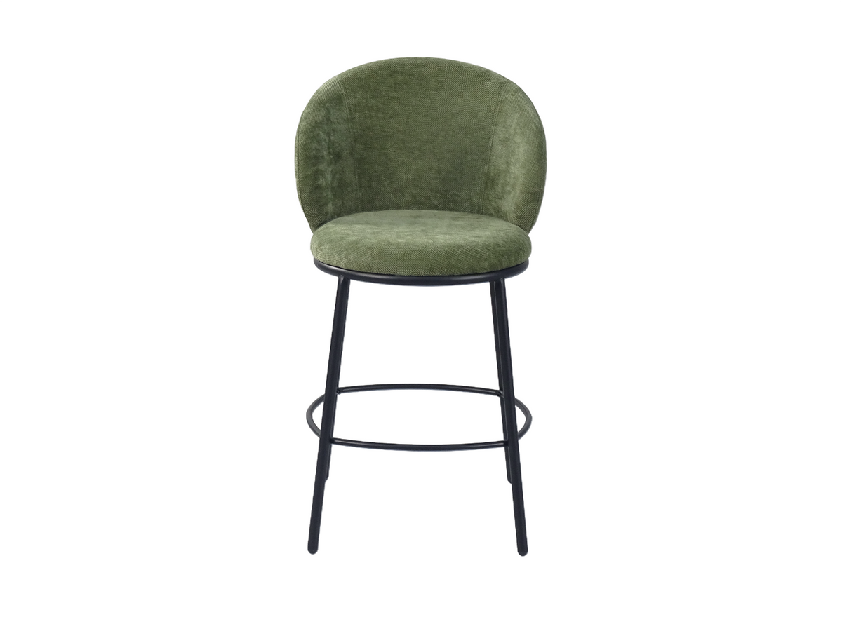 Linen-look bar stool in olive green, front view showing the curved backrest and separate round seat, GEYA Seating BC-137-750