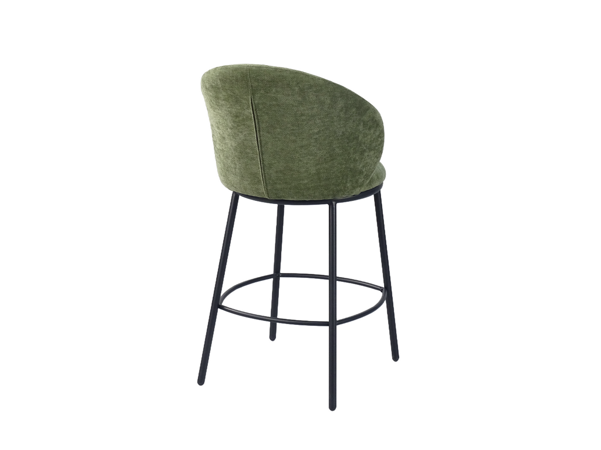 Linen-look bar stool in olive green, rear view showing the curved outer back upholstery and vertical seam, BC-137-750