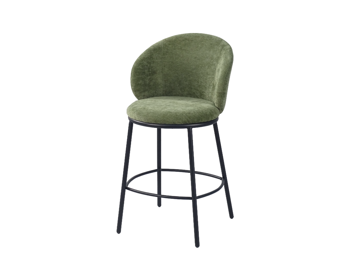 Linen-look bar stool in olive green, three-quarter view showing the wraparound back and circular footrest, BC-137-750