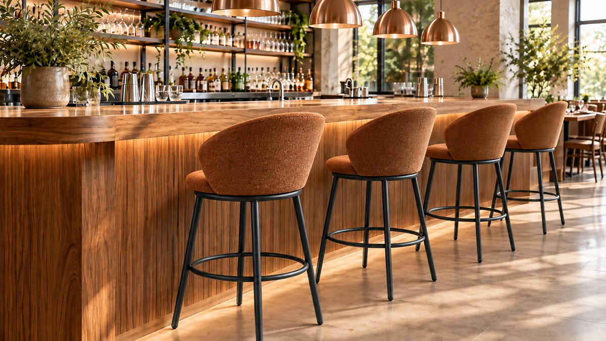 Linen-look bar stools in rust brown aligned along a warm wood restaurant counter, BC-137-750