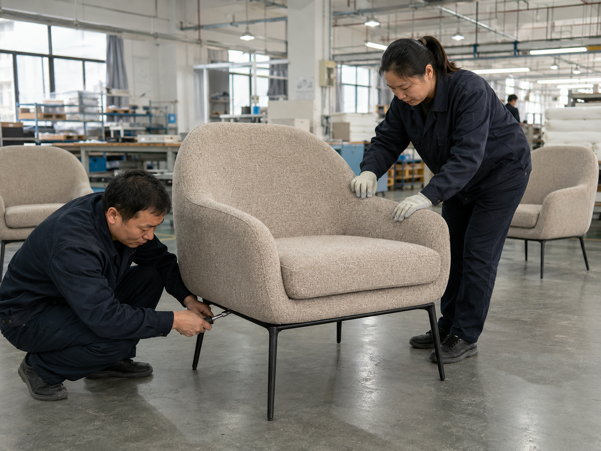 Foam shaping and fabric upholstery assembly for curved lounge chairs at the GEYA factory