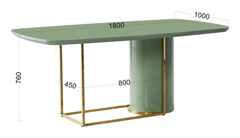 Asymmetric pedestal dining table dimensions, 1800 x 1000 x 760 mm, green MDF top and gold frame, T-64