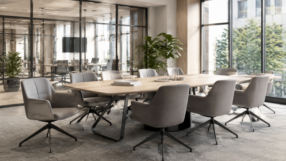 Modern upholstered meeting chairs in a flexible office collaboration and workplace setting