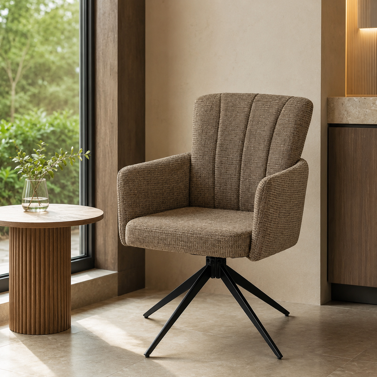Mélange woven channel-quilted swivel armchair in a hotel lounge corner with a metal swivel base and warm natural window light.