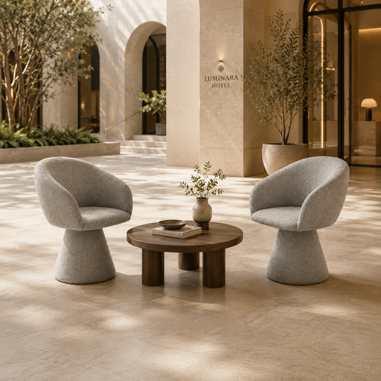 Melange woven pedestal swivel lounge armchairs in a warm beige hotel lobby public seating area with a round walnut coffee table and soft natural daylight.