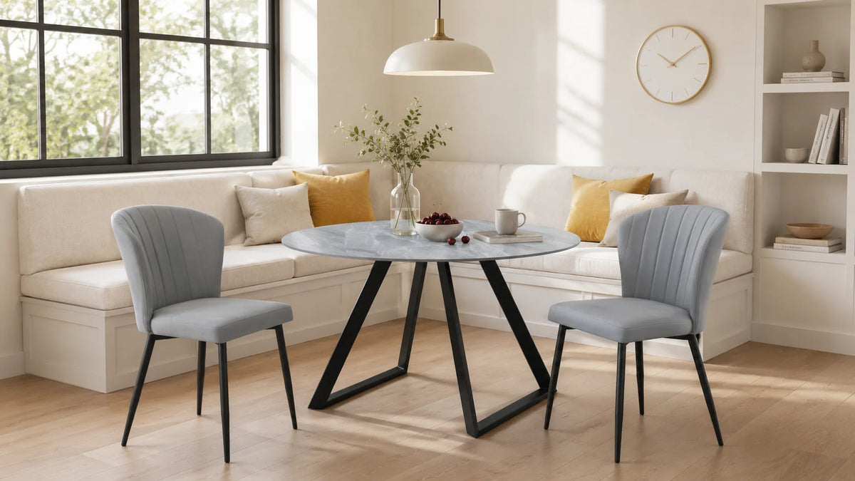 Metal frame dining side chairs in a modern residential dining setting