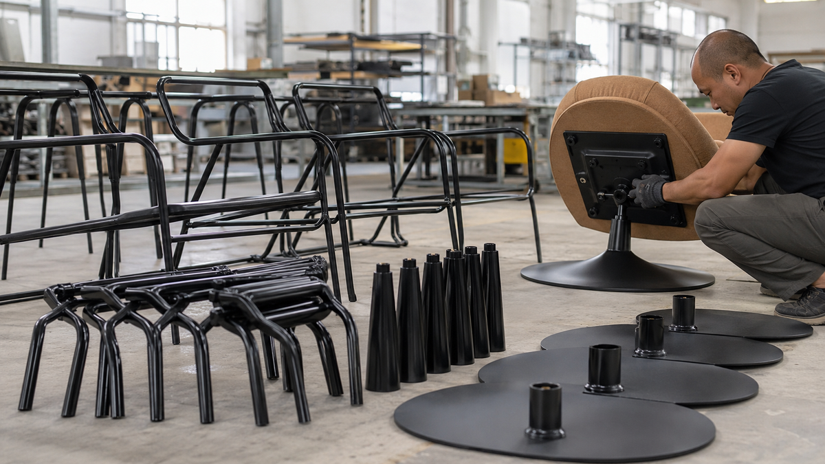 Metal frame and swivel base assembly for upholstered lounge chairs