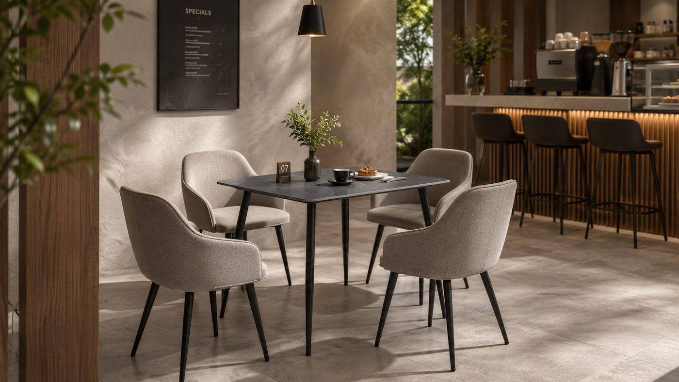 GEYA T-107 sintered stone dining table configured for modern café and commercial dining — Armani Grey top, contract-grade matte black splayed steel legs.