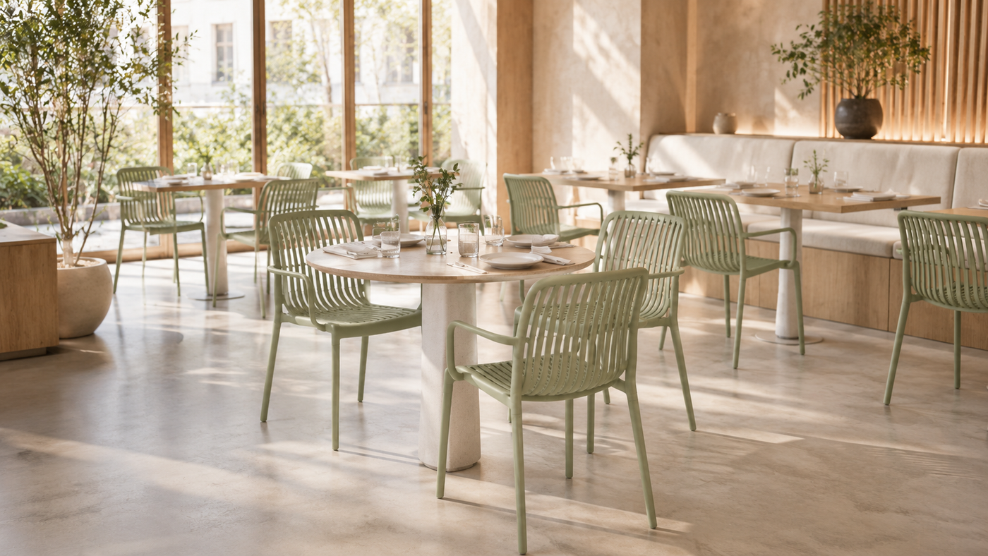 Modern Restaurant Dining with Stackable Sage Green PP Chairs with [
