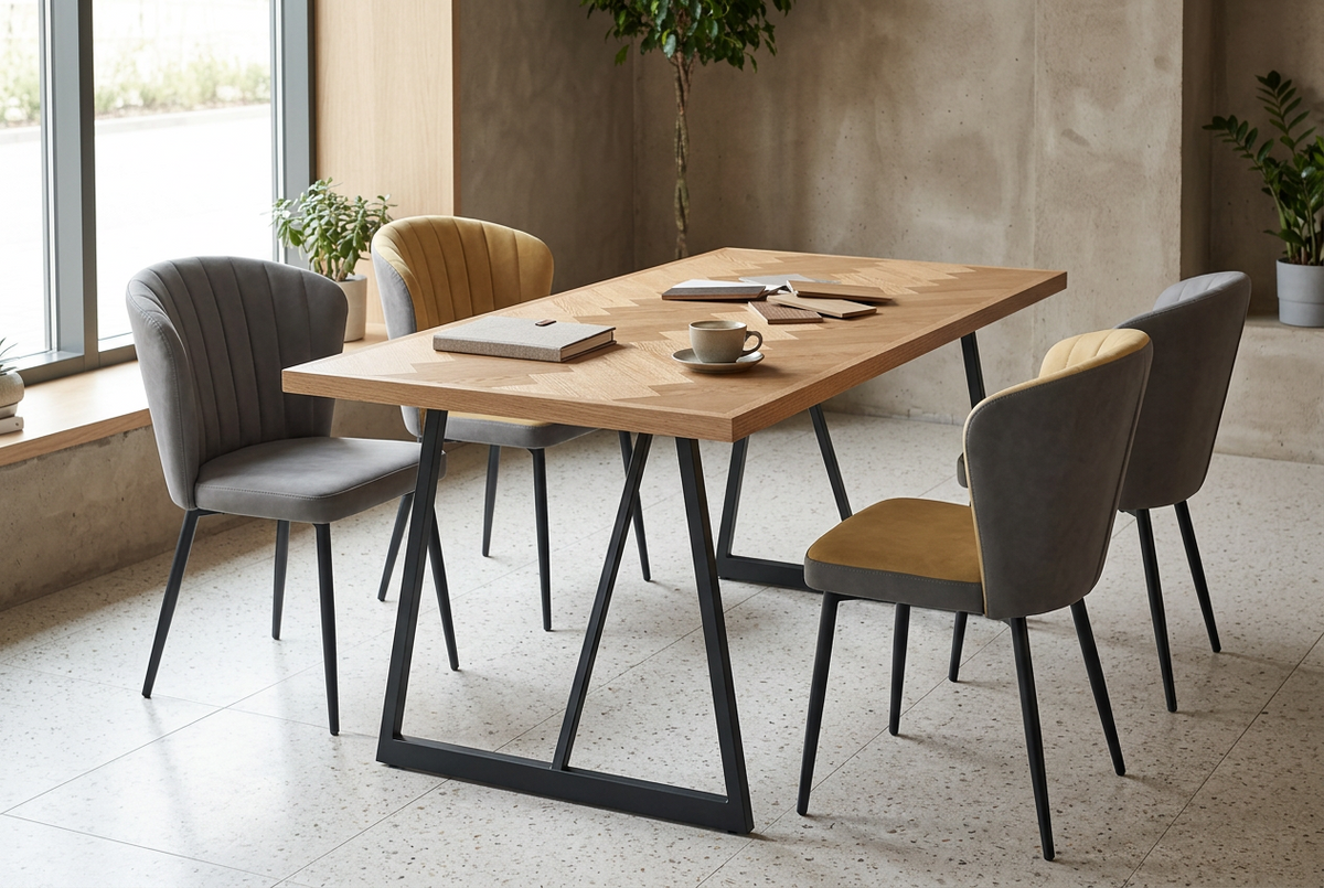 Oak veneer dining table with channeled upholstered chairs in a modern collaborative work café, T-103