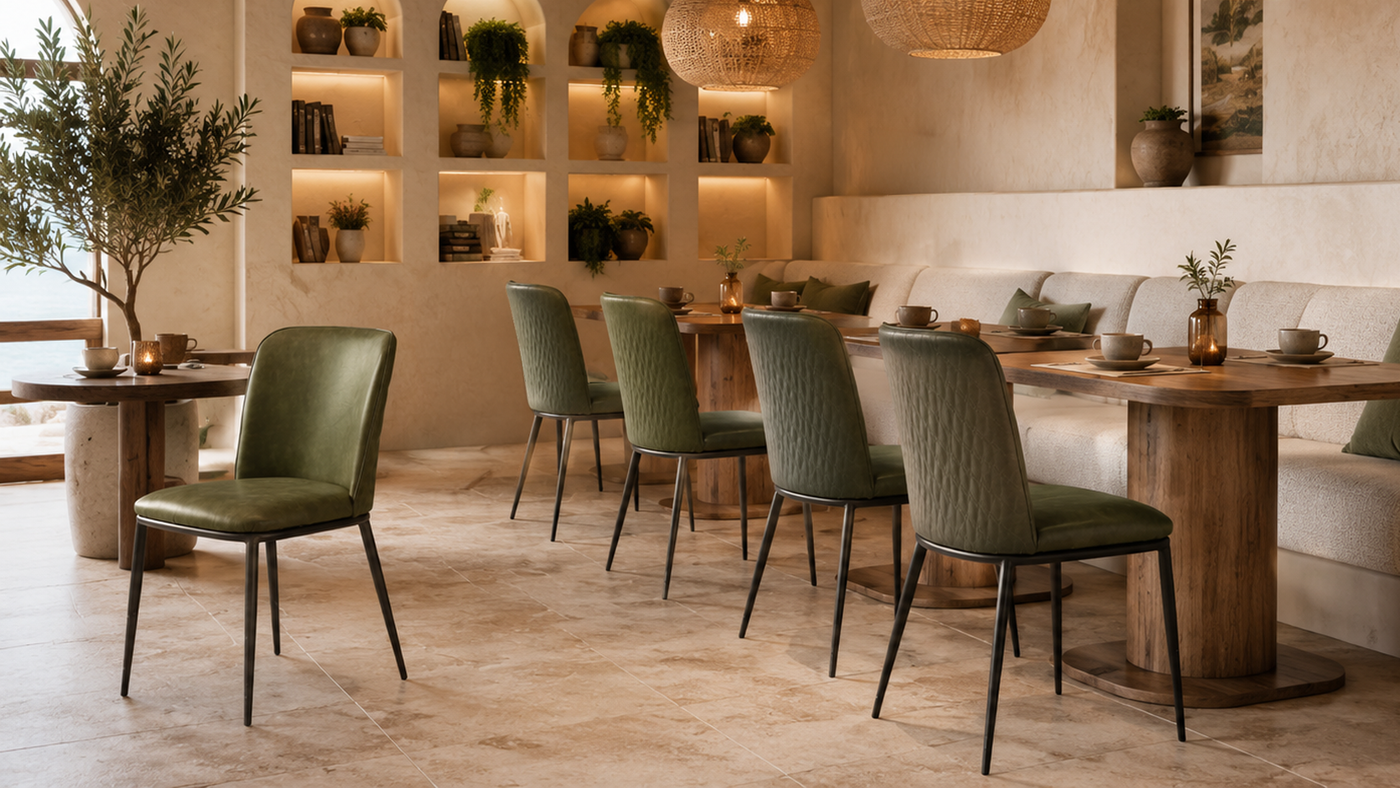 Olive green faux leather dining chairs alongside banquette seating at rustic wood table in Mediterranean restaurant interior — DC-3063