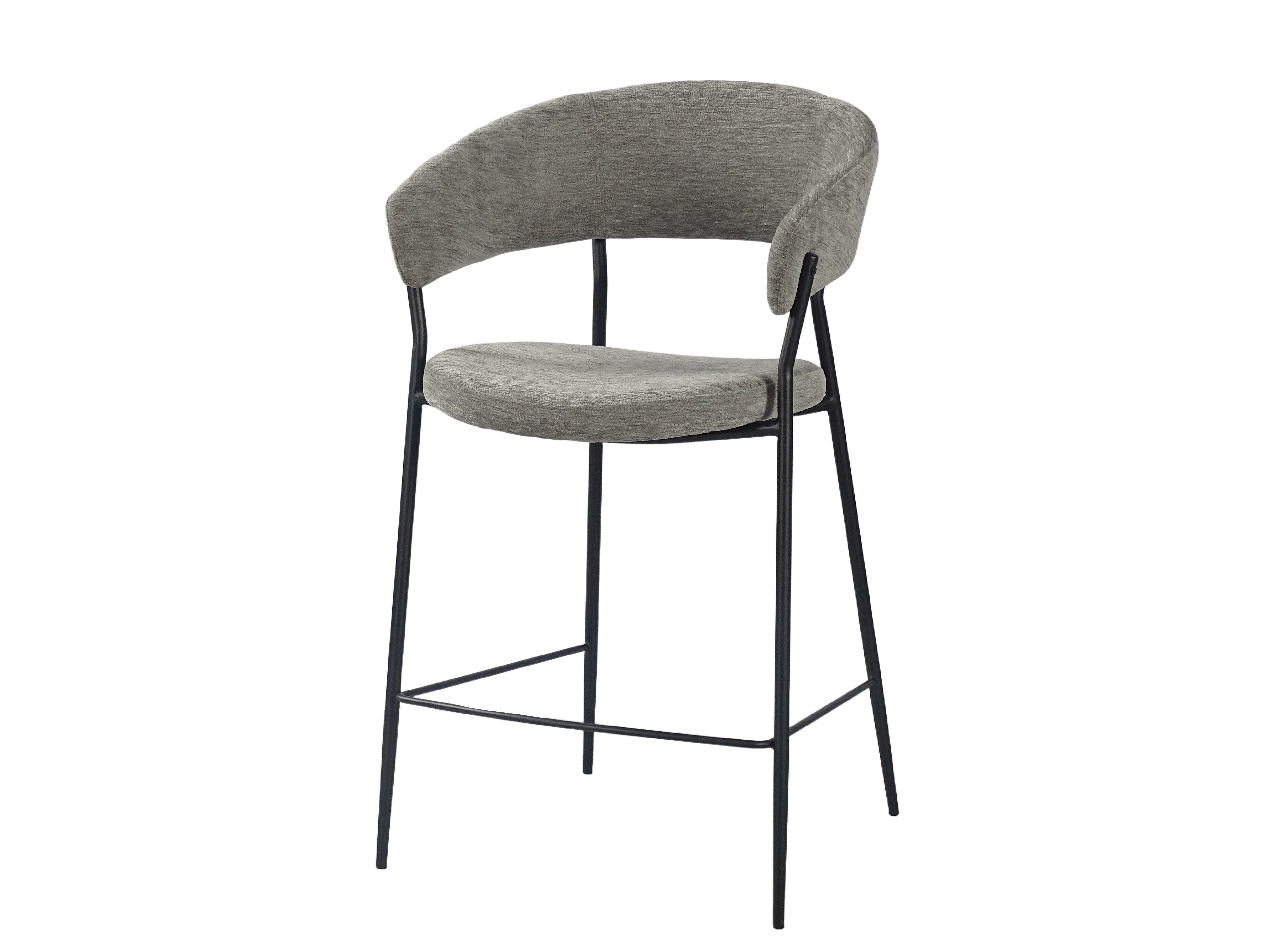 BC-163 counter stool in warm gray greige mélange fabric, open-arm curved back, black powder-coated steel frame