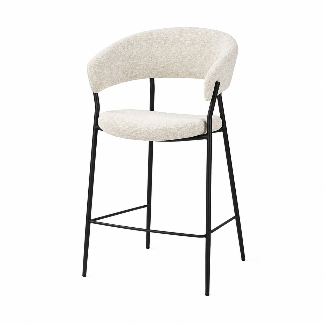 BC-163 counter stool in oatmeal ivory mélange upholstery, sculpted low back, slim black steel legs.
