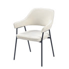 Wraparound-back dining armchair in warm white textured fabric with integrated armrests and splayed steel legs — DC-3198