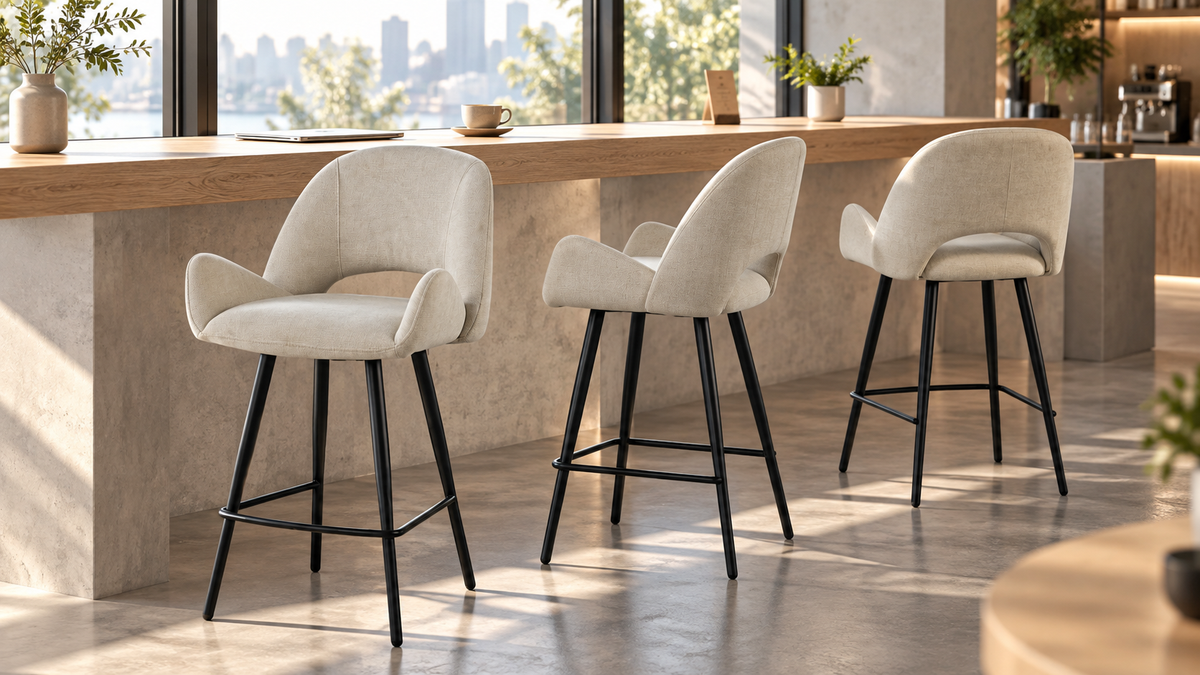 Open-back bar stools in linen arranged along a sunlit wood window counter facing skyline views, BC-179-750