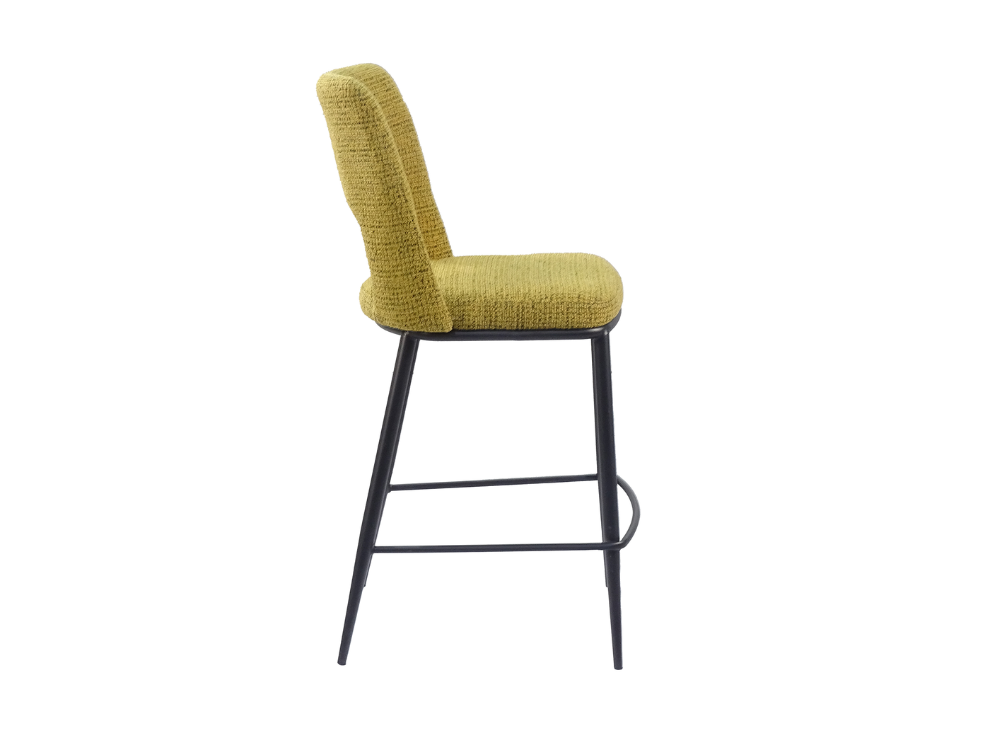 Side profile of olive yellow open-back counter stool showing tapered steel legs and 660 mm seat height — BC-120