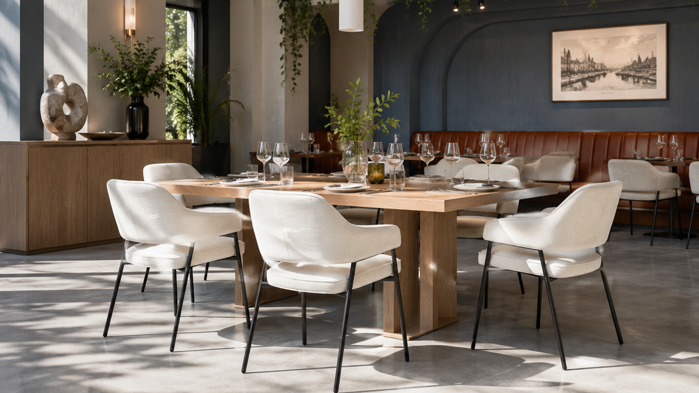 Open-back dining armchairs in warm white textured fabric arranged around an oak dining table in a boutique restaurant interior with banquette seating — DC-3198