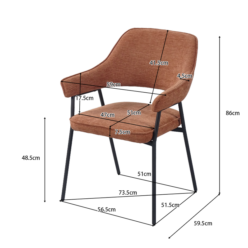 Dimension drawing of open-back dining armchair DC-3198 showing overall height 860 mm, width 590 mm, depth 595 mm and seat height 485 mm