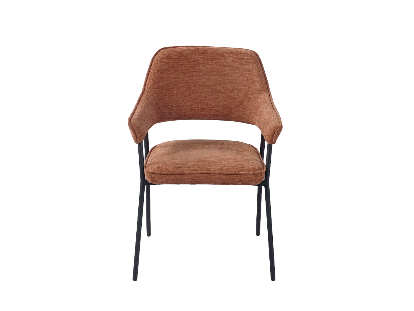 Open-back upholstered dining armchair in terracotta textured fabric, front view showing wraparound backrest and integrated armrests — DC-3198