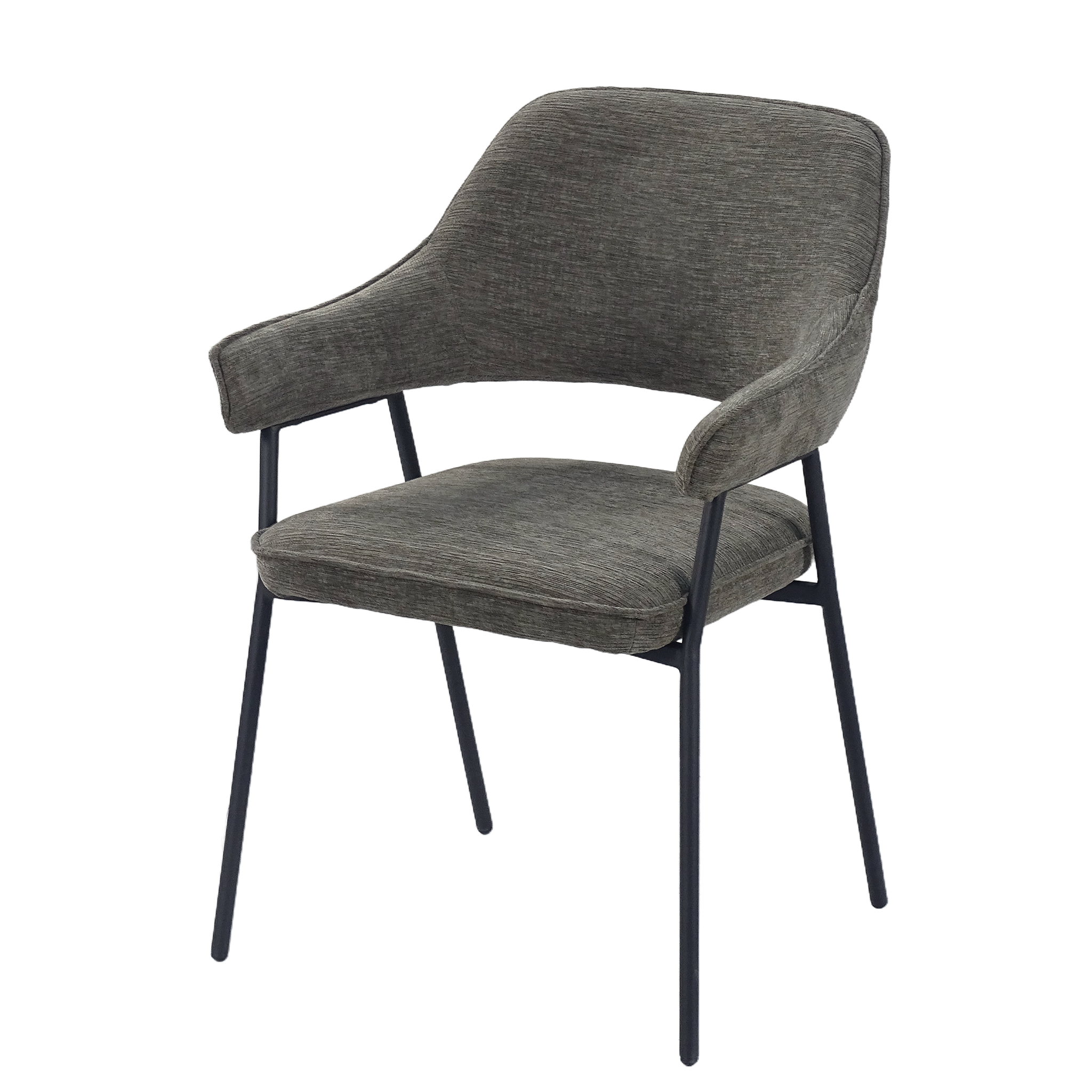 Open-back upholstered dining armchair in olive grey textured fabric with slim splayed steel legs — GEYA Seating DC-3198