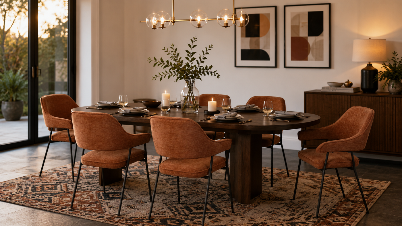 Open-back dining armchairs in terracotta textured fabric around a dark round dining table in a warmly lit residential dining room — DC-3198