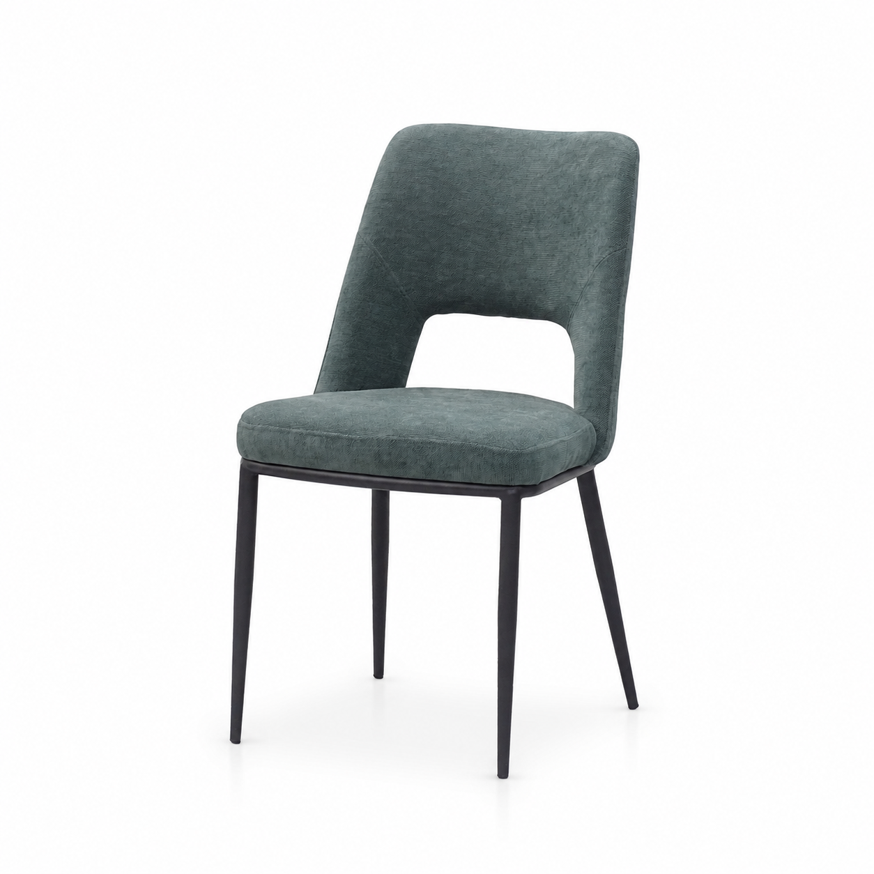 Open-back upholstered dining chair CD-3123 in Dusk Blue linen-look fabric with black metal legs