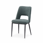 Open-back upholstered dining chair CD-3123 in Dusk Blue linen-look fabric with black metal legs