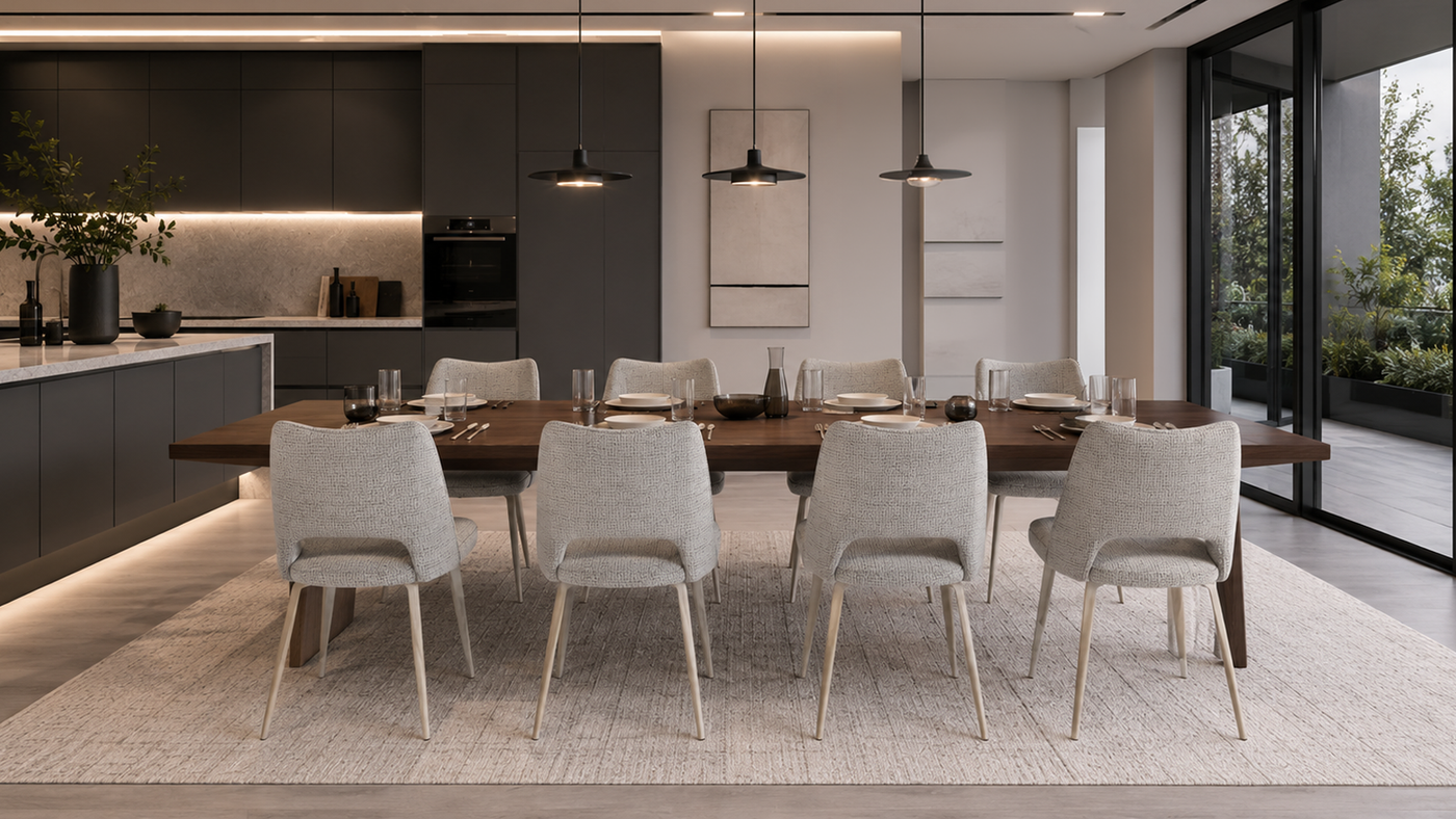 Open-back winged dining chairs around walnut dining table in modern open-plan apartment kitchen-dining area — DC-3208
