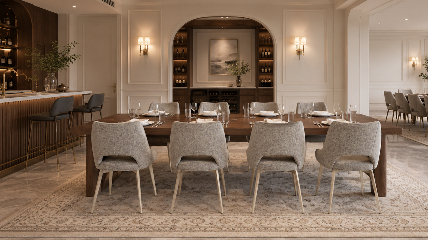 Open-back winged dining chairs in bouclé upholstery arranged around formal dining table in boutique restaurant interior — DC-3208

