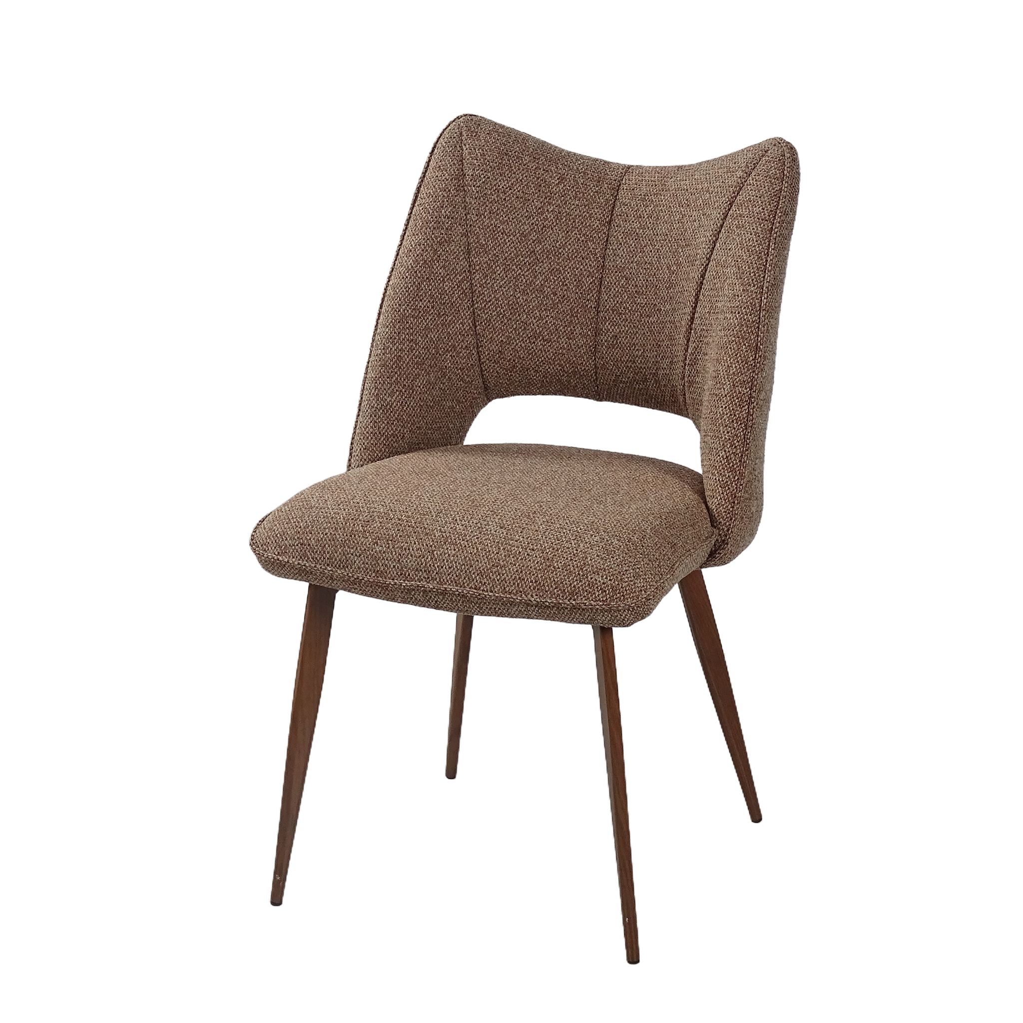 Mélange woven open-back winged dining chair in mocha for restaurant and café seating, wood-grain transfer print steel legs — DC-3208