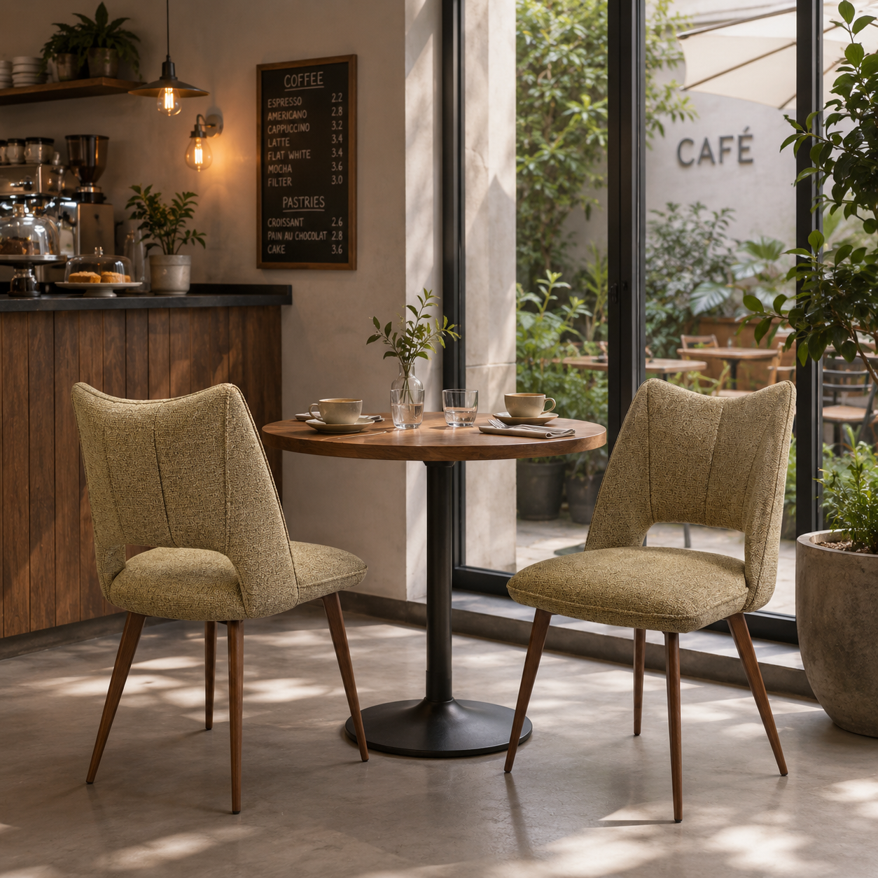 Mélange woven open-back winged dining chair in sand beside round café table in boutique coffee shop interior — DC-3208
