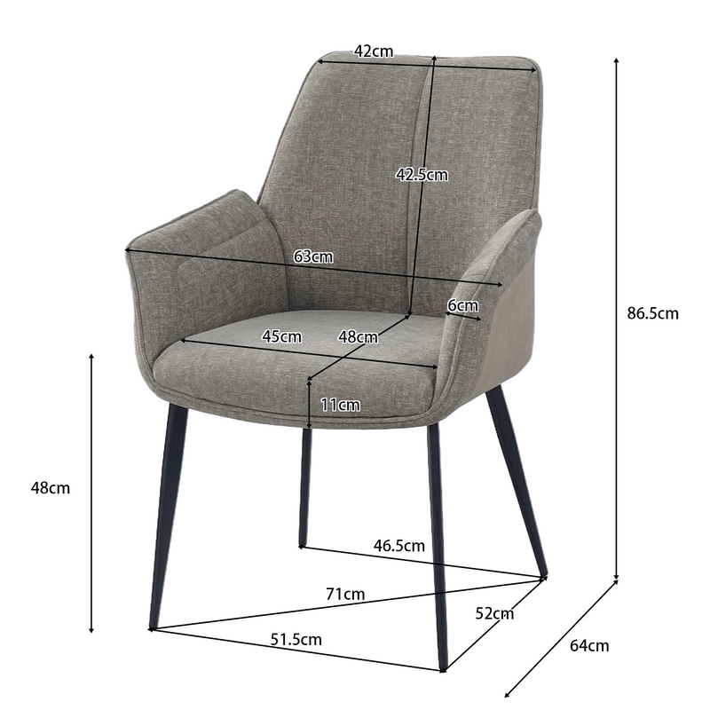 Patchwork upholstered dining armchair dimensions — 630W × 640D × 865H mm, seat height 480 mm — DC-3207