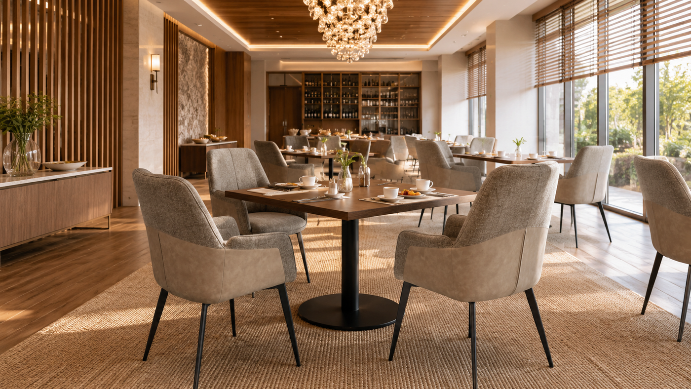 Patchwork upholstered dining armchairs in taupe for hotel breakfast room and all-day dining specification — DC-3207