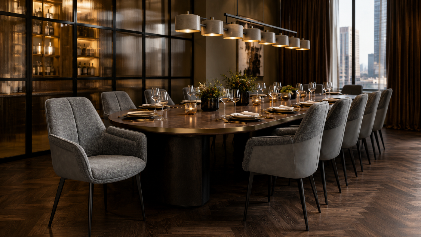 Patchwork upholstered dining armchairs in charcoal grey arranged around oval table in private dining room — DC-3207