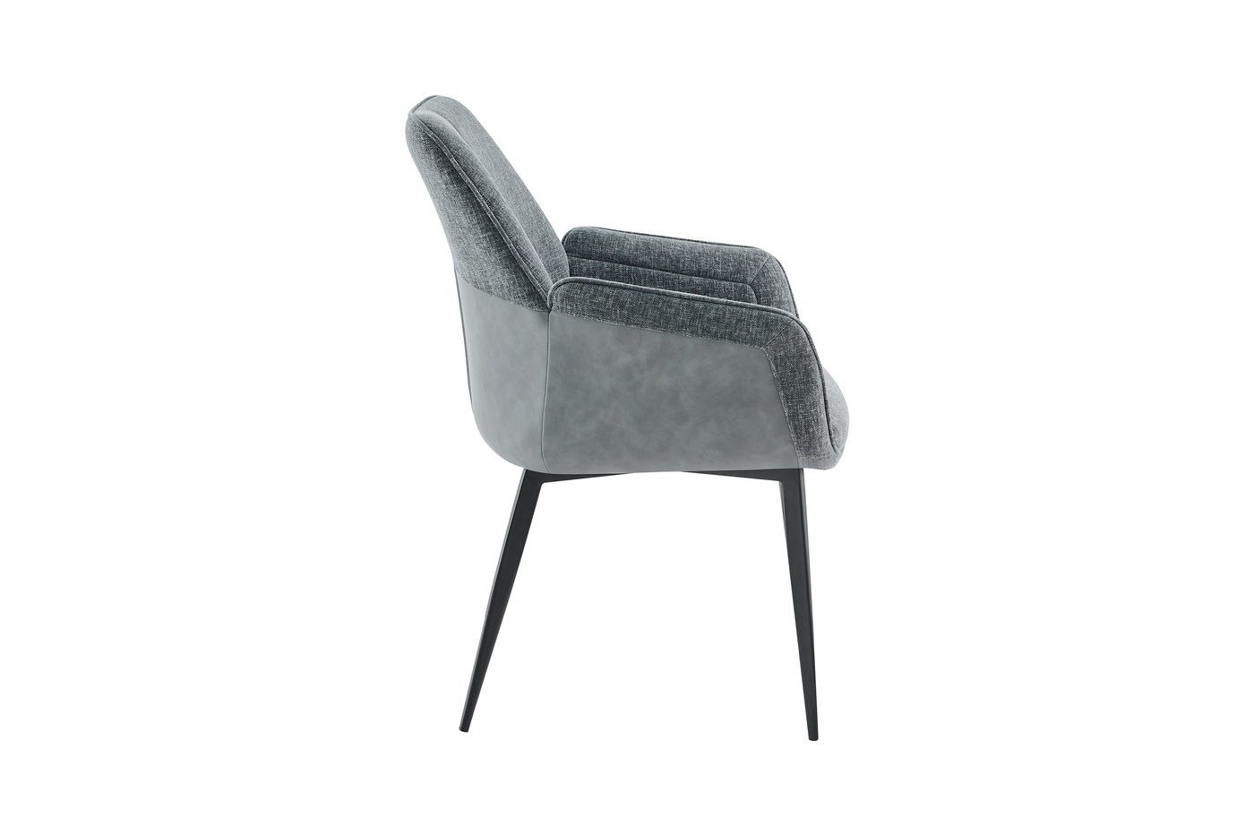 Patchwork upholstered dining armchair in charcoal grey — side profile with tapered steel base and seat height 480 mm — DC-3207