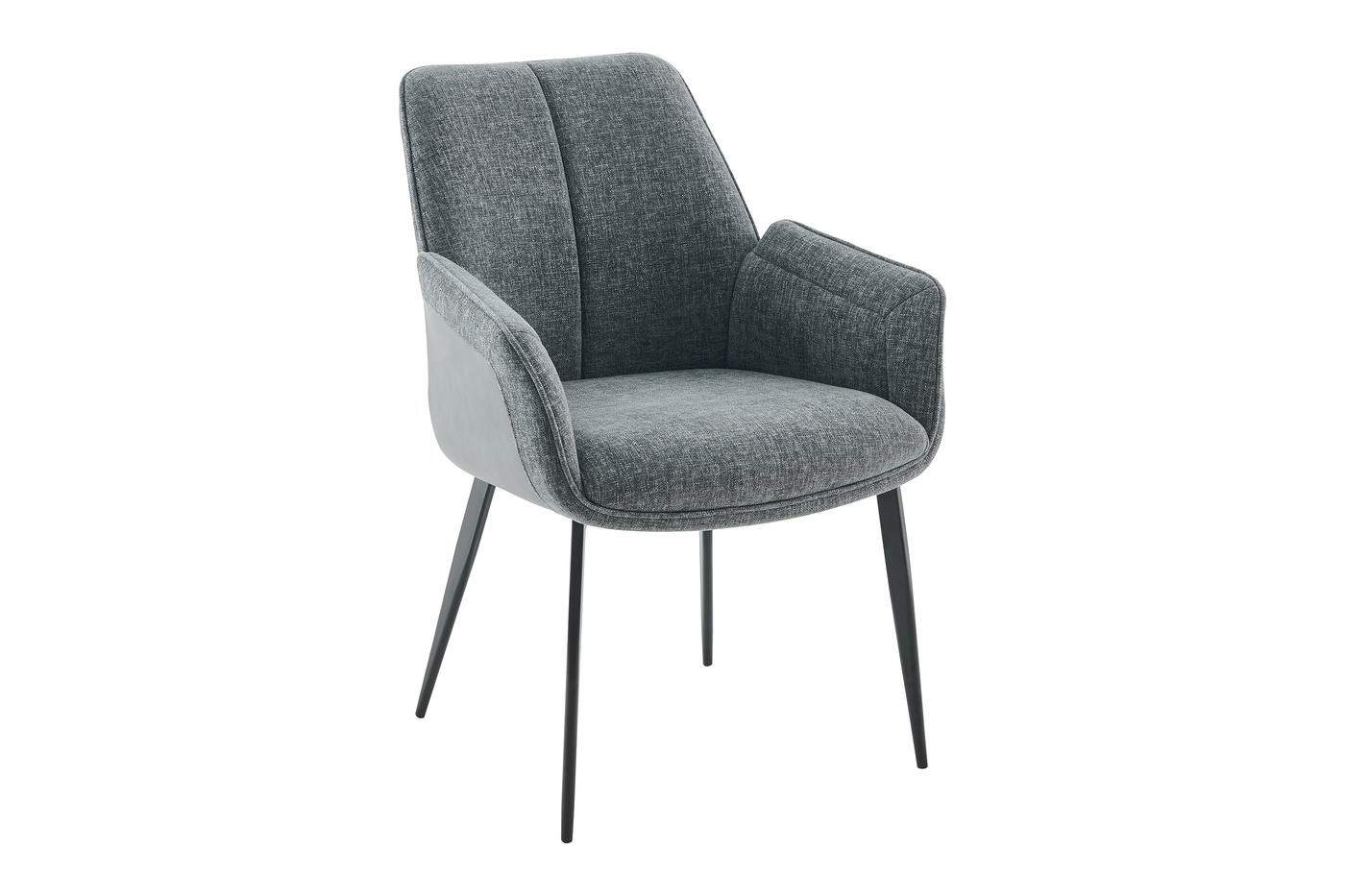 Patchwork upholstered dining armchair in charcoal grey — three-quarter view showing wraparound arm shell and tapered steel base — DC-3207